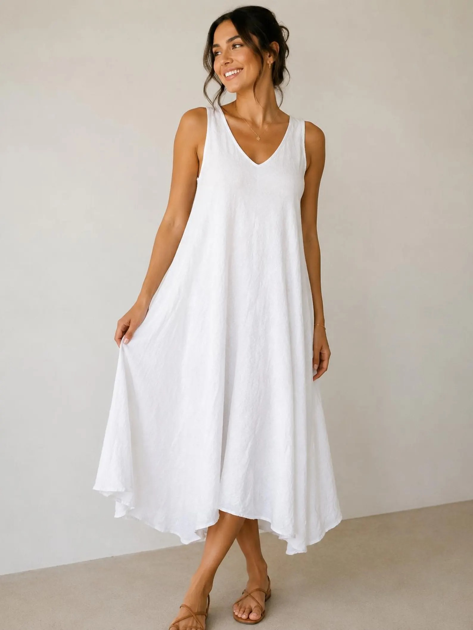 Rochie maxi albă din in, fără mâneci, cu decolteu în V