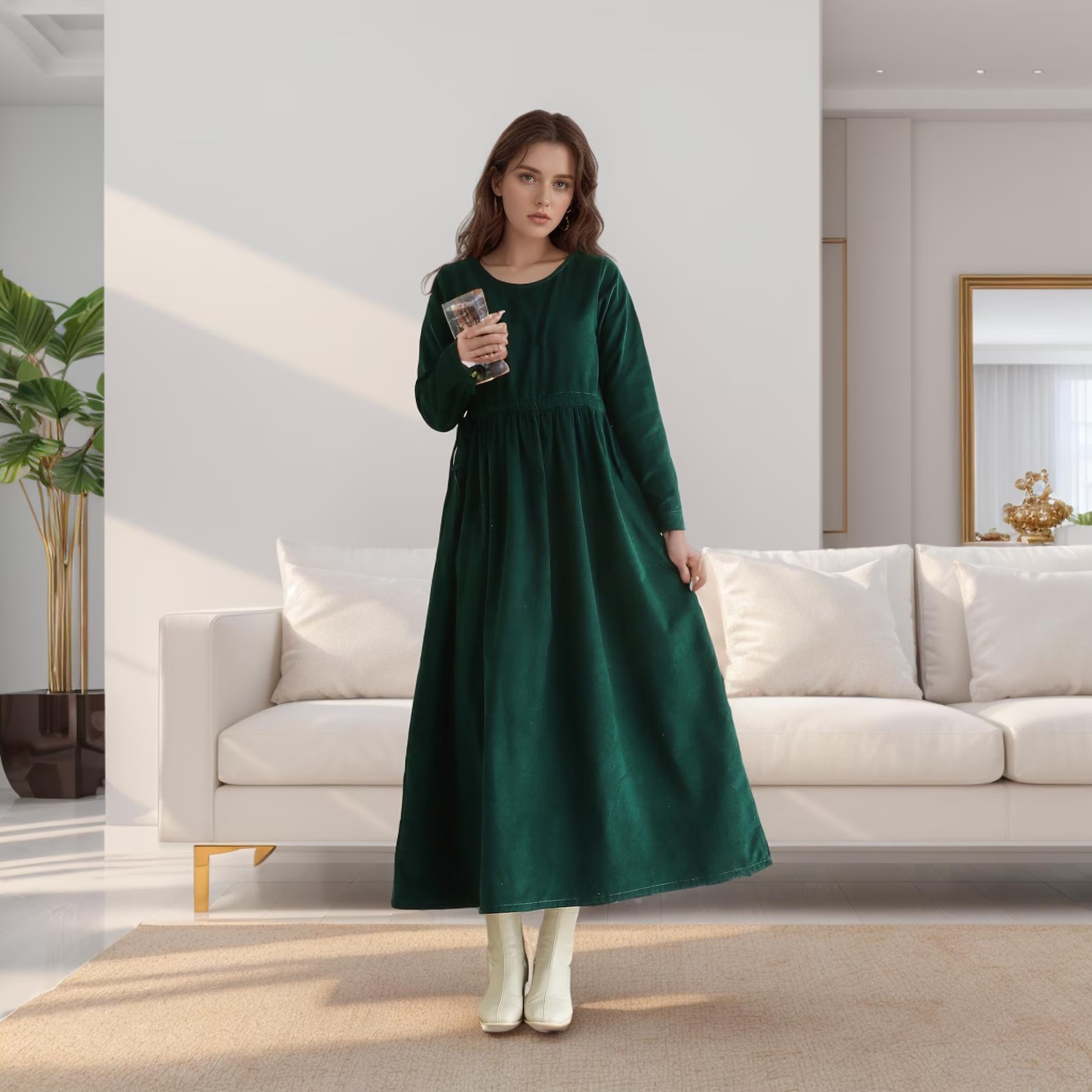 Rochie lungă verde smarald din catifea reiată, cu mâneci lungi